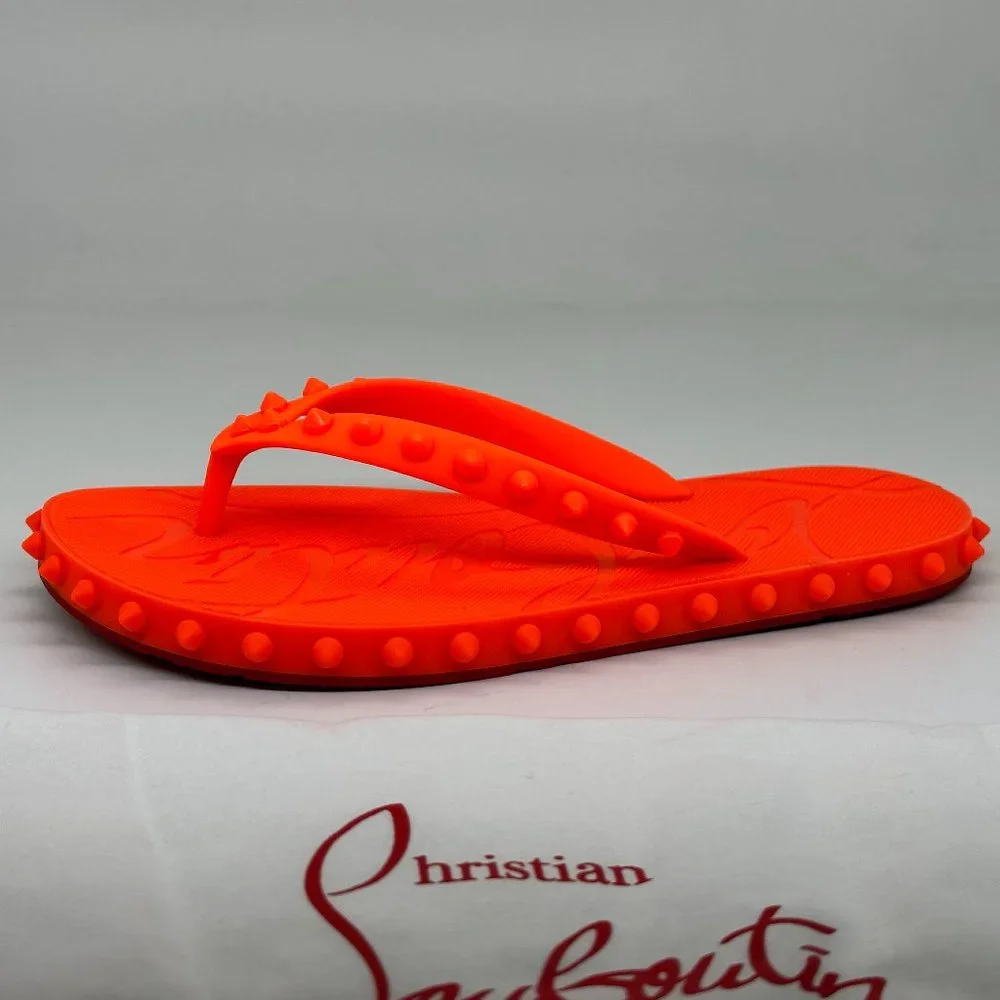 Christian Louboutin SUPER LOUBI Spikes Studded Flip Flop Sandals Shoes Neon